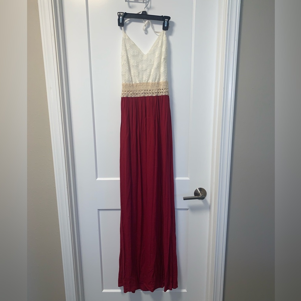 Boho Summer Crochet & Lace Maxi Dress W/ Halter Too & Slit Open Side. Sz Small
